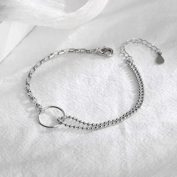 925 Sterling Silver Dainty Beaded Chain Link Circle Bracelet - Picture 2 of 7